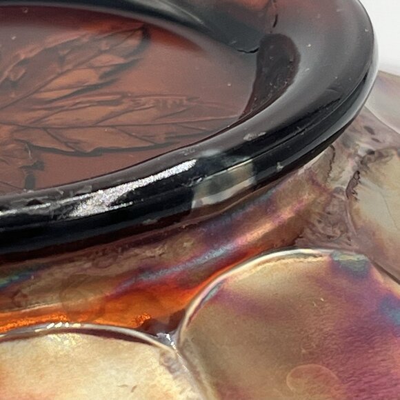 Vtg Fenton Amethyst Carnival Glass Bowl Grapes Leaves Iridescent Ruffled Edge - Picture 8 of 10